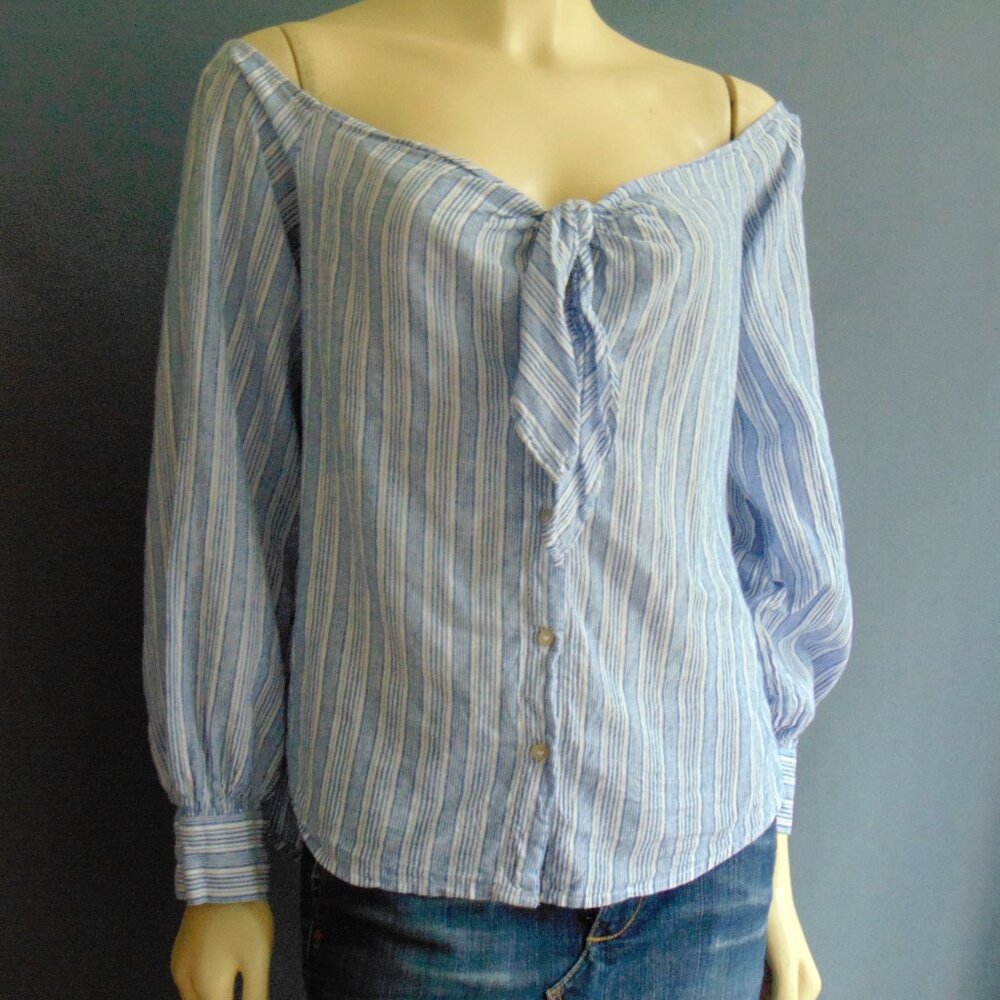 Free People Blue Striped Hello There Linen Tie Front Off Shoulder Top L - Picture 2 of 10